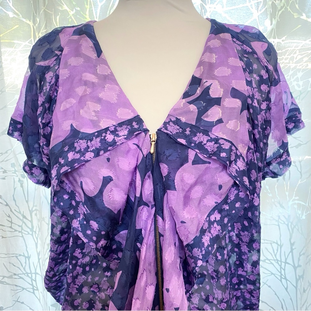 3.1 PHILLIP LIM BLUE PURPLE FLORAL PRINT v-neck ZIP UP SILK BLOUSE TOP - Picture 4 of 9